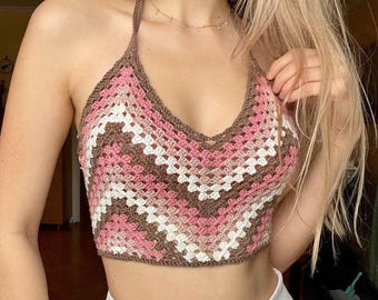 Top corto de verano de crochet con estampado de chevrones de abuela