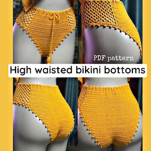 May include: Mustard yellow high-waisted bikini bottoms. The bottoms are crocheted with a textured stitch and feature a drawstring waist. The bottoms have a mesh design on the sides. The text "High waisted bikini bottoms" is displayed.