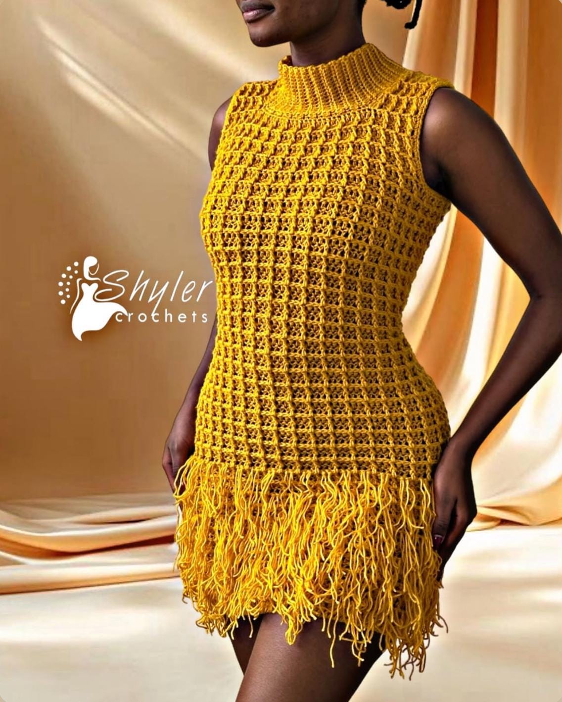 festival crochet fringe dresses Kavi Yellow Knitted Mini Dress