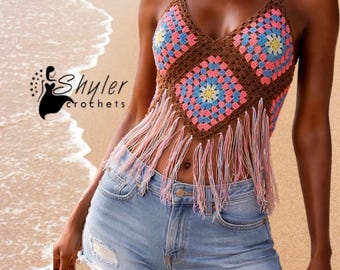 Gehäkeltes Top mit Grandma quadratischen Fransen (Anleitung als PDF)