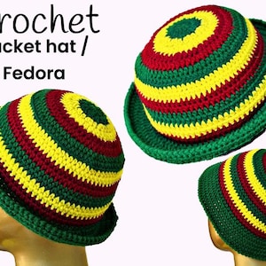 May include: Crochet bucket hats in green, yellow, and red. The hats have a round crown and a brim. The text "Crochet Bucket hat / Fedora" is at the top of the image.