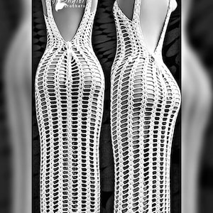 May include: A white, open-weave crochet dress with a low back and halter straps. The dress is floor-length and features a vertical pattern. The image includes the text "Shyler Crochets".