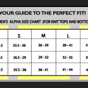 May include: A size chart for women's knit tops and bottoms, with bust, waist, and hip measurements in inches. The chart includes sizes XS to XXL, with corresponding measurements for each size. The text "YOUR GUIDE TO THE PERFECT FIT!" is at the top.