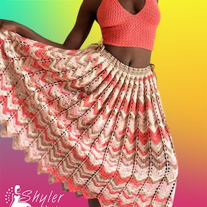 May include: A crochet pleated skirt and matching halter top in coral. The skirt features a chevron pattern in coral, beige, and brown. The text "Crochet pleated skirt" is at the top of the image. The brand logo "Shyler crochets" is at the bottom.