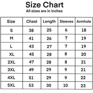 Puede incluir: Una tabla de tallas con medidas en pulgadas para pecho, largo, mangas y sisa. Las tallas van de la S a la 5XL, con las medidas correspondientes. El texto "Size Chart" est&aacute; en la parte superior.