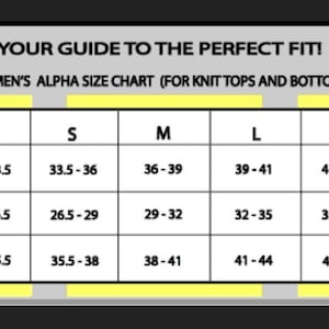 May include: A size chart for women's knit tops and bottoms, with bust, waist, and hip measurements in inches. The chart includes sizes XS to XXL, with corresponding measurements for each size. Text at the top reads "YOUR GUIDE TO THE PERFECT FIT!"