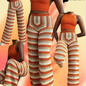 Pantalones de crochet de pierna ancha con rayas de abuela
