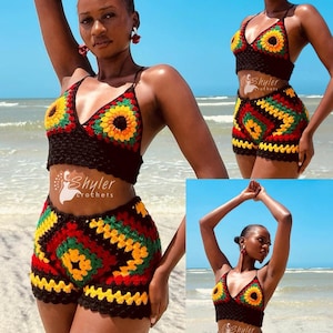 Peut inclure: Ensemble bikini crochet noir avec motif tournesol et motif géométrique. L'ensemble est composé de fil rouge, jaune, vert et noir. Le texte "Shyler Crochets" est visible.