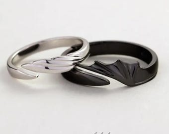 Anillos de pareja con alas de ángel y demonio: conjunto ajustable a juego, regalo para ella, bolsa de regalo