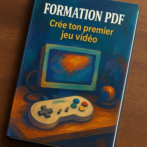 Peut inclure: Couverture de livre avec le titre "FORMATION PDF" et le texte "Crée ton premier jeu vidéo". La couverture présente une peinture d'un écran d'ordinateur rétro, d'une manette et d'un joystick sur une surface en bois.