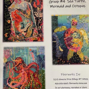 May include: A collage pattern sheet titled "Teeny Tiny Collage Patterns" by Laura Heine. The sheet features three colorful collage designs: a mermaid in a bottle, a sea turtle, and an octopus. The pattern is labeled as Group #4 and is from Fiberworks Inc.