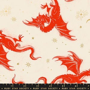 May include: Cream-colored fabric with a repeating pattern of red dragons and gold starbursts. The dragons are depicted with detailed wings and scales. The text "RUBY STAR SOCIETY" is printed at the bottom.