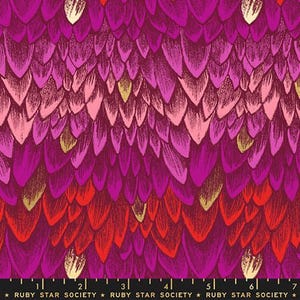May include: A fabric with a repeating pattern of stylized, overlapping feather shapes in shades of magenta, pink, and red, with gold accents. The design has a textured, hand-drawn appearance, creating a visually rich and dynamic textile.