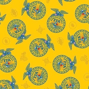 May include: Yellow fabric with a repeating pattern of FFA emblems and eagles. The emblems are circular with the letters "FFA" and the words "Agricultural Education". The eagles are blue and white.