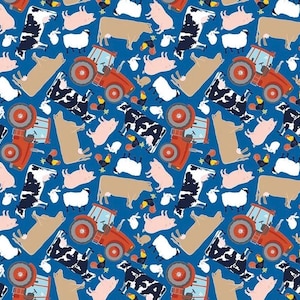 May include: A repeating pattern on a blue background featuring illustrations of farm animals, including cows, pigs, and sheep, along with red tractors and chickens. The design is whimsical and colorful.