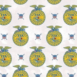 May include: A repeating pattern featuring the FFA emblem, a gold-colored badge with an eagle, owl, and text, along with a blue, white, and red shield and crossed arrows on a white background. The design is suitable for fabric or wallpaper.