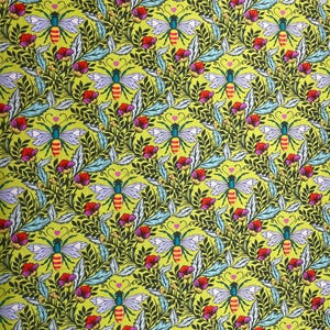 May include: A repeating pattern of colorful bees, flowers, and foliage on a light green background. The bees have blue heads, white wings, and striped bodies. Red flowers and blue leaves are interspersed throughout the design.