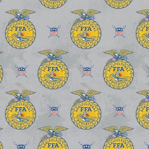 May include: A repeating pattern featuring the FFA emblem, a gold-colored oval with the letters "FFA" and the words "Agricultural Education." The emblem is topped with a golden eagle. Small shield and spear icons are also present.