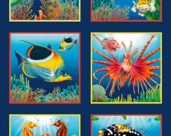 May include: A fabric panel featuring six square images of marine life. The images include a sea turtle, pufferfish, a butterflyfish, a lionfish, seahorses, and a clown triggerfish. The panel has a blue background with coral and other sea creatures.