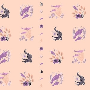 May include: A repeating pattern on a peach background featuring stylized illustrations of alligators, dolphins, birds, flowers, and foliage in shades of purple, black, and peach. The design includes crescent moons and sunbursts.