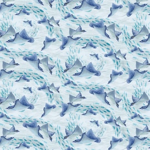 May include: A fabric pattern featuring a repeating design of spotted stingrays in shades of blue and white. The stingrays are depicted in various swimming positions, interspersed with small schools of tiny fish against a light blue background.