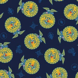 May include: Navy blue fabric with a repeating pattern of yellow and blue FFA emblems, eagles, and agricultural icons. The FFA emblem features text that reads "AGRICULTURAL EDUCATION" and "FFA".