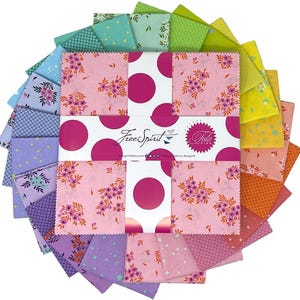 May include: A bundle of colorful fabric squares arranged in a circular pattern. The fabrics feature floral, polka dot, and geometric designs in shades of pink, purple, green, and yellow. The center displays the "Free Spirit" and "Tula Pink" logos.