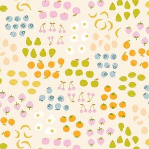 May include: A repeating pattern of various fruits, including apples, cherries, oranges, strawberries, bananas, pears, lemons, and blueberries, in a whimsical, hand-drawn style. The fruits are in shades of pink, green, yellow, and orange, set against a cream background.