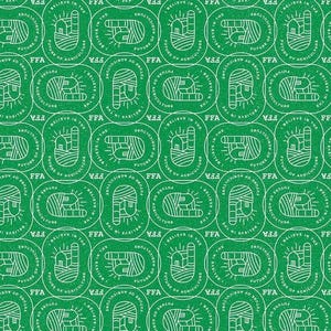May include: A repeating pattern on a green background featuring the letters "FFA" within a circular design. The design includes the text "BELIEVE IN THE FUTURE OF AGRICULTURE" in a circular pattern around a graphic of a hand and a farm.