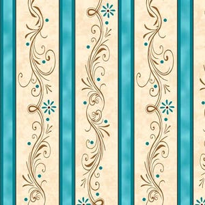 May include: A seamless pattern featuring vertical stripes in cream, teal, and brown. The teal stripes are solid, while the cream stripes have a textured appearance and are adorned with brown floral scrollwork and teal accents.