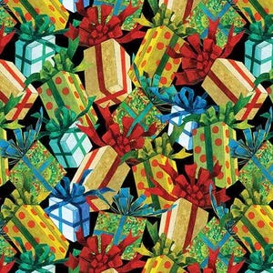 May include: A repeating pattern of wrapped gifts in various colors. The gifts are wrapped in paper with polka dots, stripes, and other designs. The bows are red, green, and blue. The background is black.