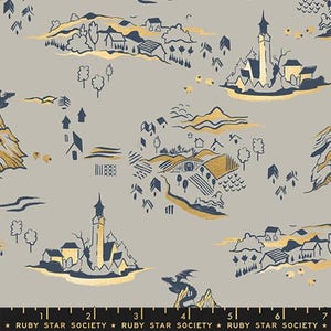 May include: A fabric with a repeating pattern of a fantasy landscape. The design features gold and navy blue illustrations of villages, mountains, trees, and a dragon on a gray background. The bottom of the fabric has a ruler with the text "RUBY STAR SOCIETY".