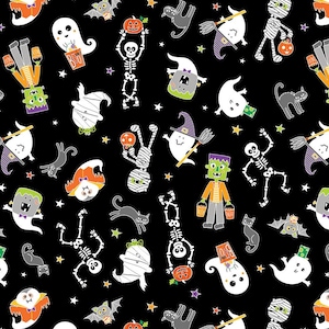 May include: A black Halloween-themed pattern featuring various cartoon characters. Ghosts, skeletons, mummies, bats, and Frankenstein's monster are scattered across the surface, along with pumpkins and stars. The characters are in white, orange, green, and purple.