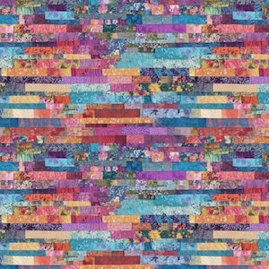 May include: A textile fabric featuring a horizontal brick-like pattern composed of various rectangular fabric strips. The design displays a vibrant mix of colors including shades of blue, pink, purple, orange, and yellow, with diverse floral and geometric prints on each individual segment.