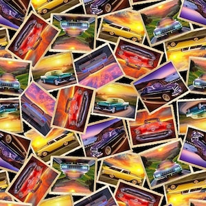 Peut inclure: Un collage de photographies de voitures anciennes avec un coucher de soleil en arrière-plan. Les voitures sont de différentes couleurs, dont le rouge, le bleu, le vert et le jaune. Les photos ont un effet de bord déchiré.