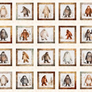 May include: A fabric panel featuring a repeating grid of twenty square illustrations, each depicting a unique Bigfoot creature in various poses and shades of brown, gray, and white, framed by a textured brown border on a light cream background.