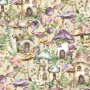 May include: A repeating pattern featuring watercolor-style illustrations of mushroom-shaped houses, various fungi, delicate butterflies, and small flowers on a light cream background. The design includes detailed doors, windows, and foliage.