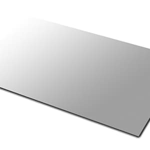 May include: A rectangular, reflective, silver-colored metal sheet. The surface is smooth and appears to be made of a polished material. The sheet is positioned at a slight angle, with a shadow along the bottom edge.