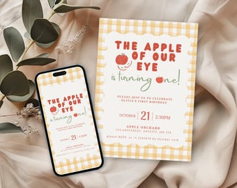 Eerste verjaardagsuitnodiging Apple of Our Eye | Uitnodiging verjaardagsfeestje appel herfst | Bewerkbare digitale downloadsjabloon
