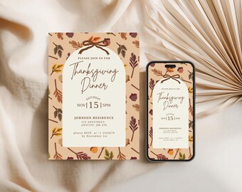 May include: Thanksgiving dinner invitation with a beige background and fall leaf pattern. The invitation includes the text "Thanksgiving Dinner" and event details. A smartphone displays the same design.