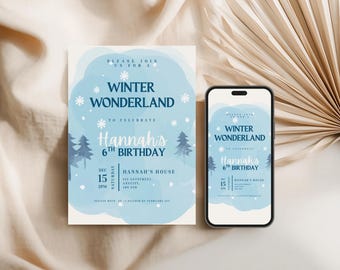 Winter Wonderland Birthday Invitation, Editable Snowflake Birthday Invite, Blue Winter Party Invitation, Any Age Birthday, Digital Download