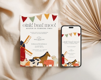 Farm Birthday Invitation | Oink Baa Moo Invite | Barnyard Birthday Party | Farm Animals Invite | Editable Canva Template | Digital Download