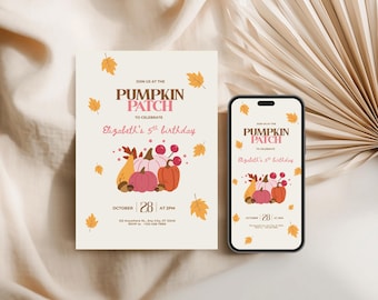 d'anniversaire citrouille | Téléchargement numérique d'anniversaire d'automne | Invitation à une fête d'automne modifiable | Modèle d'anniversaire citrouille fille