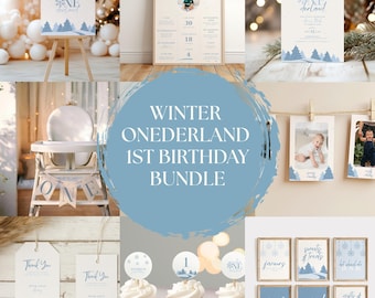May include: A collection of winter-themed party decorations and stationery. Includes a welcome sign, invitation, photo cards, cupcake toppers, thank you tags, and food and drink signs. The color scheme is light blue and white, with a winter forest design.