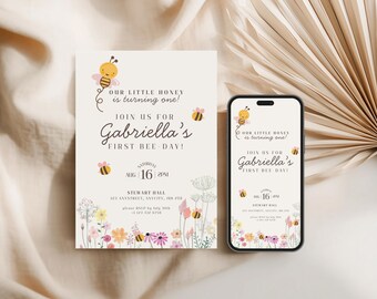 Invitación para el primer cumpleaños de las abejas / Plantilla digital para el primer cumpleaños de las abejas / Descarga editable de Canva / Invitación para el primer cumpleaños de una niña