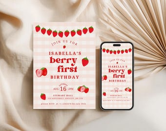 Berry First Birthday Invitation | Strawberry Birthday Invite Template | Editable Canva Digital Download | 1st Birthday Party Girl