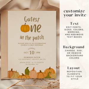 Pode incluir: Um convite com tema de outono com o texto "Cutest One in the Patch" e uma ilustra&ccedil;&atilde;o de ab&oacute;bora. O convite inclui detalhes para o primeiro anivers&aacute;rio de Joshua, com data, hora e local. O design apresenta um fundo bege e gr&aacute;ficos de ab&oacute;bora.