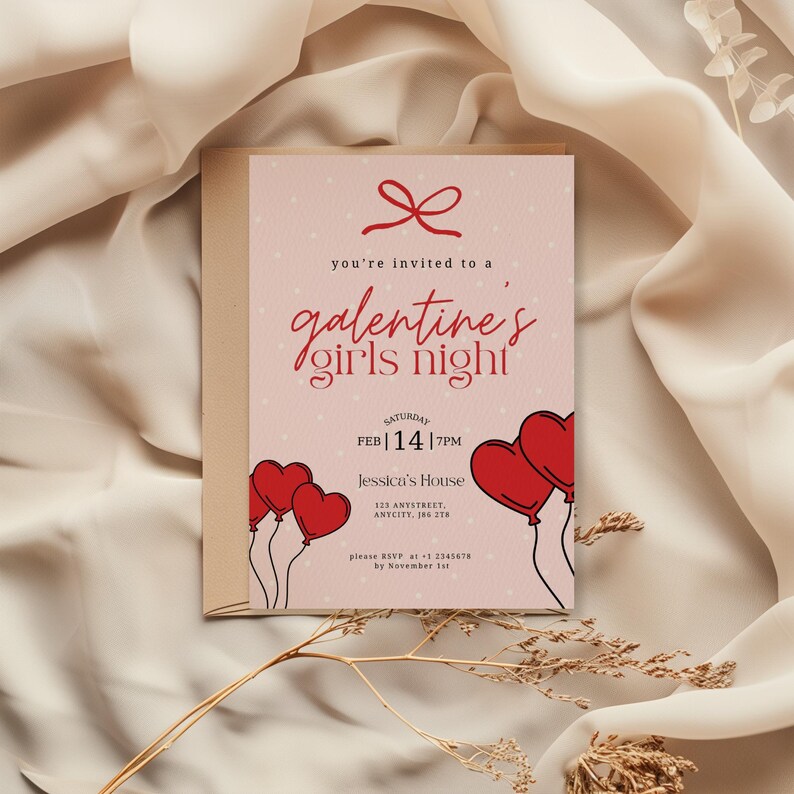 Op de afbeelding: Een roze Galentine's Girls Night uitnodiging met rode hartballonnen en een strik. De uitnodiging bevat de datum, tijd en locatie. De tekst luidt: "je bent uitgenodigd voor een Galentine's Girls Night."