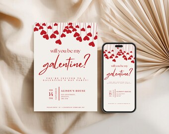 Will You Be My Galentine-uitnodiging, bewerkbare Galentine's Day-uitnodiging, Valentine Girls Night Party-sjabloon, afdrukbare rode harten