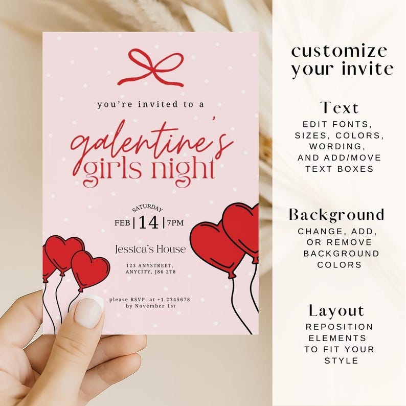 Op de afbeelding: Een roze Galentine's Day-uitnodiging met rode hartballonnen en de tekst "Galentine's Girls Night". De uitnodiging bevat details voor een feest op 14 februari om 19.00 uur. Het ontwerp heeft een strik en stippen.